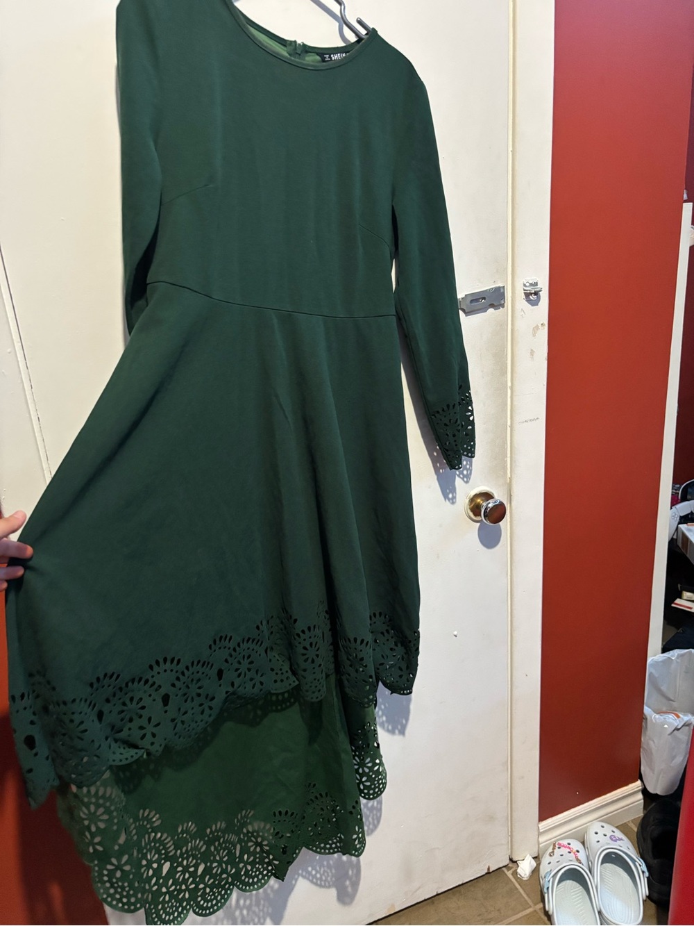 Tiered Laser-Cut Hem Dark Green Dress